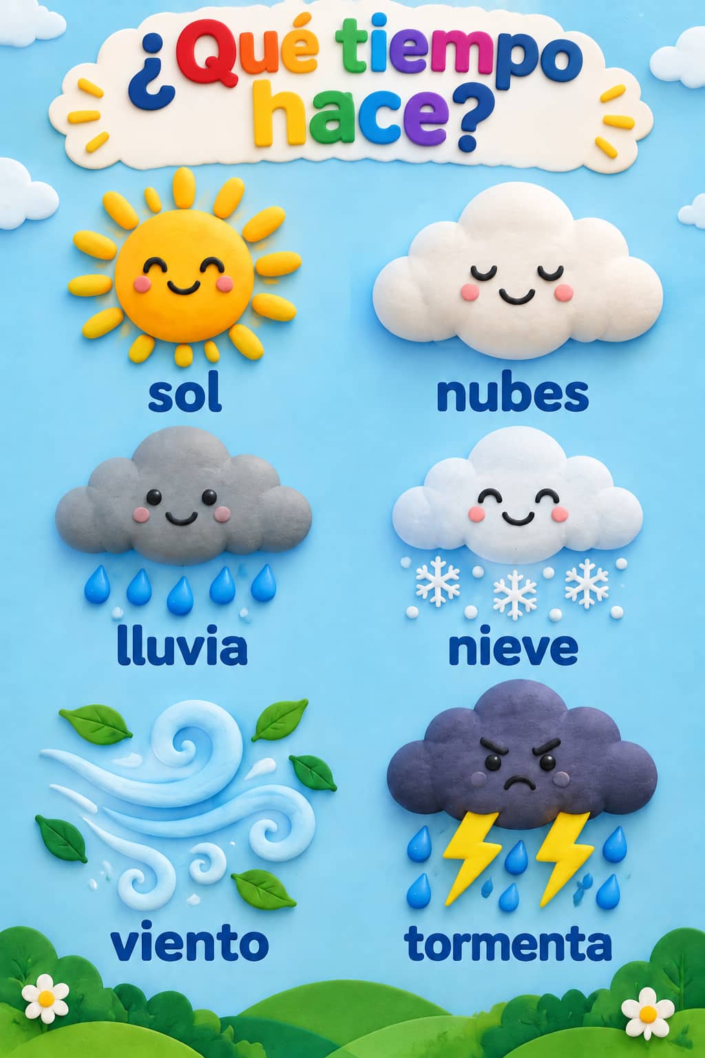 Lámina con figuras de arcilla de sol, nubes, lluvia, nieve, viento y tormenta, con etiquetas en español bajo la pregunta ¿Qué tiempo hace?