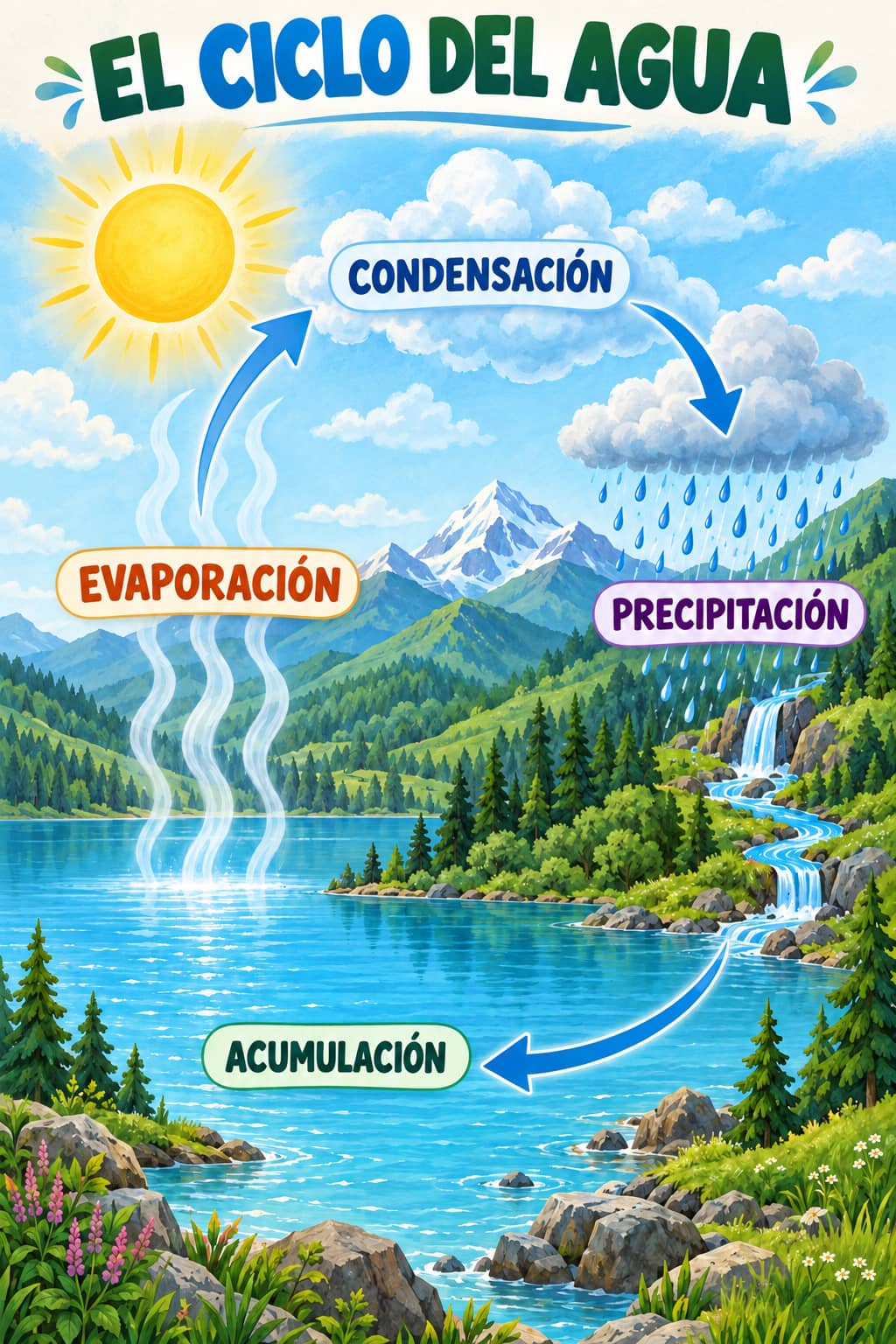 Paisaje del ciclo del agua con montañas, un lago y flechas azules que conectan evaporación, condensación, precipitación y acumulación.