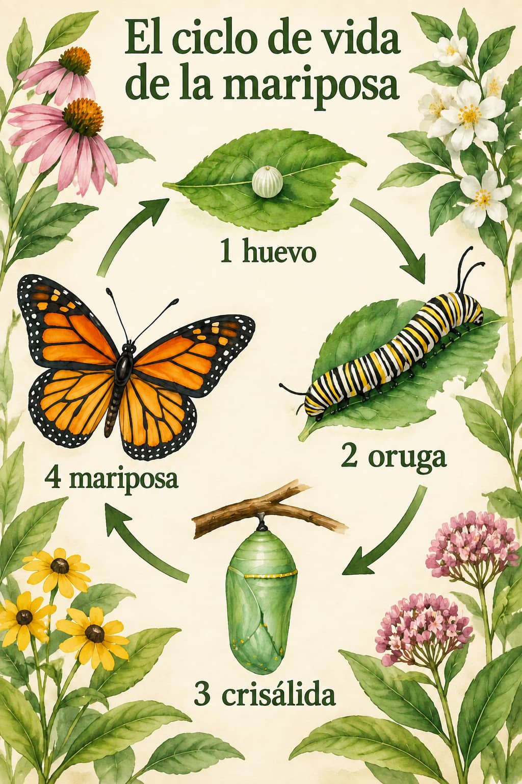 Póster botánico en acuarela con huevo, oruga, crisálida y mariposa como cuatro etapas numeradas unidas por flechas en sentido horario.