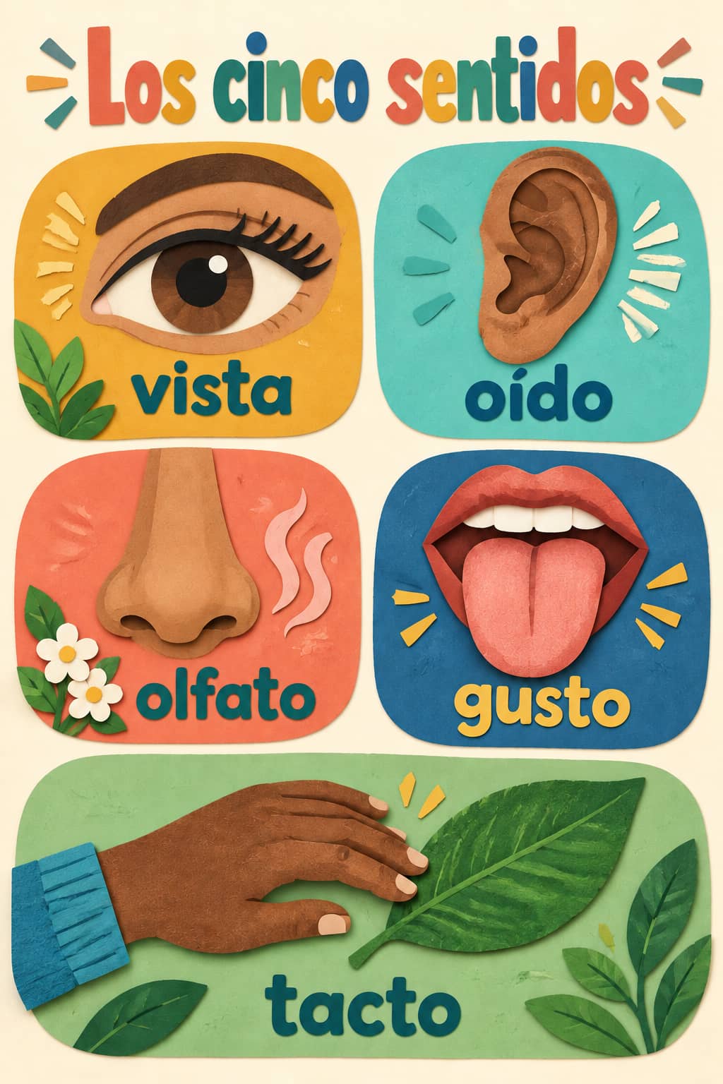 Póster Los cinco sentidos con un ojo para la vista, una oreja para el oído, una nariz para el olfato, una lengua para el gusto y una mano para el tacto.