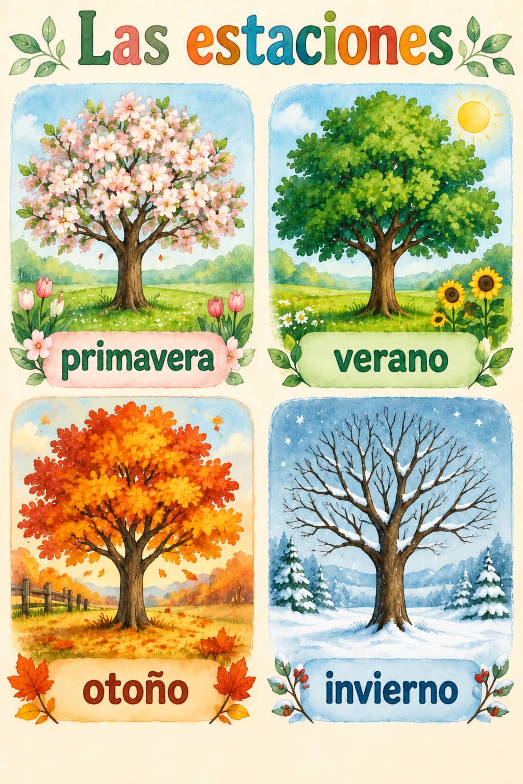 Póster Las estaciones con un árbol en flor en primavera, hojas verdes en verano, hojas naranjas en otoño y ramas desnudas con nieve en invierno.
