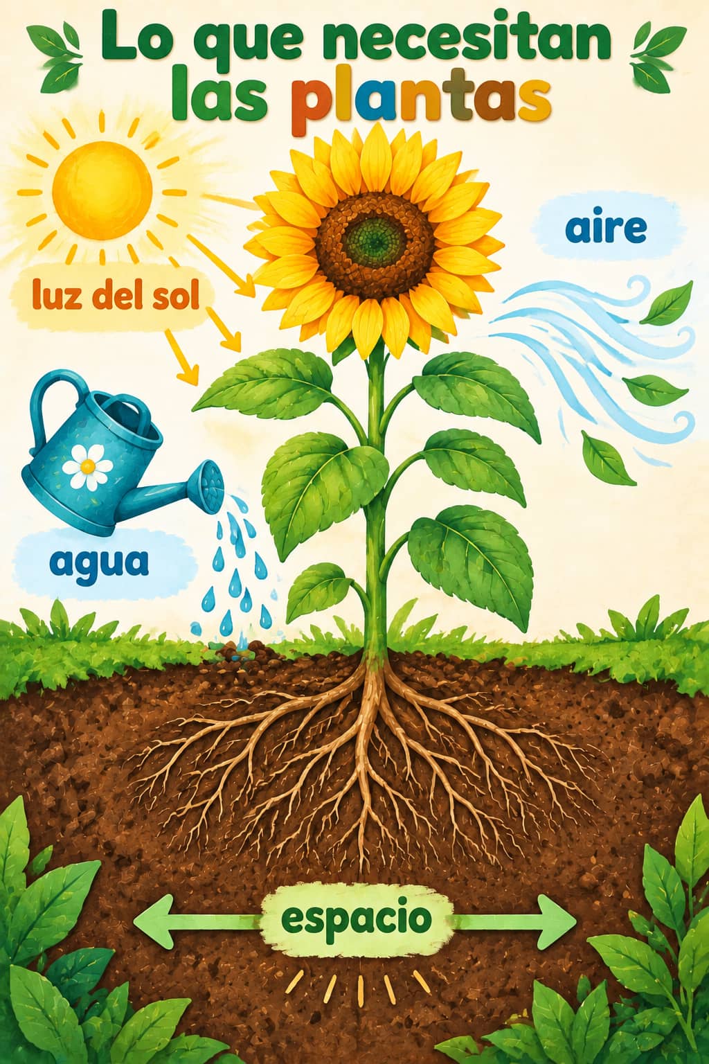 Póster Lo que necesitan las plantas con un girasol y sus raíces, y etiquetas de luz del sol, agua, aire y espacio junto a sus símbolos.
