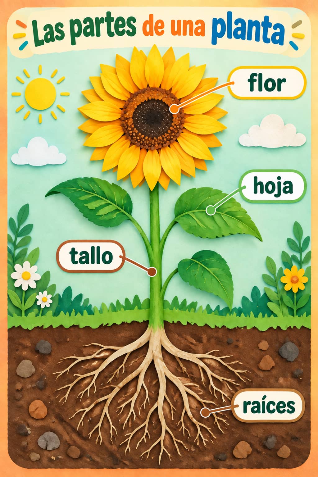Girasol con estilo de papel recortado y etiquetas de flor, hoja, tallo y raíces, con las raíces visibles debajo de la tierra.