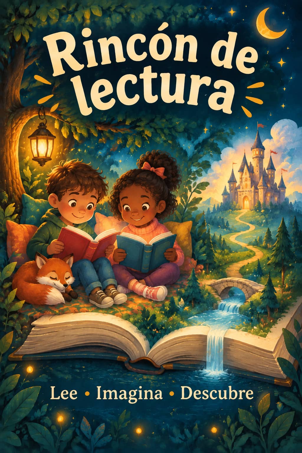 Póster Rincón de lectura con dos niños leyendo en un bosque luminoso, un zorro, un libro abierto y un castillo, y el mensaje «Lee • Imagina • Descubre».