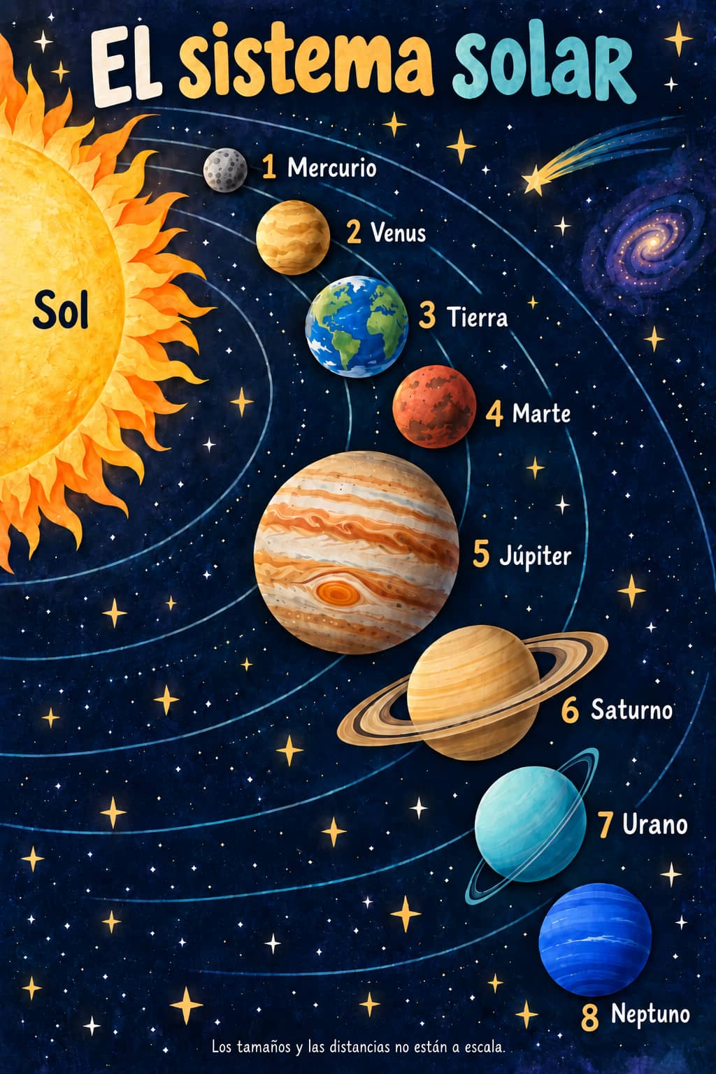 Póster del sistema solar en gouache con el Sol y ocho planetas numerados, desde Mercurio hasta Neptuno, sobre un fondo azul nocturno.