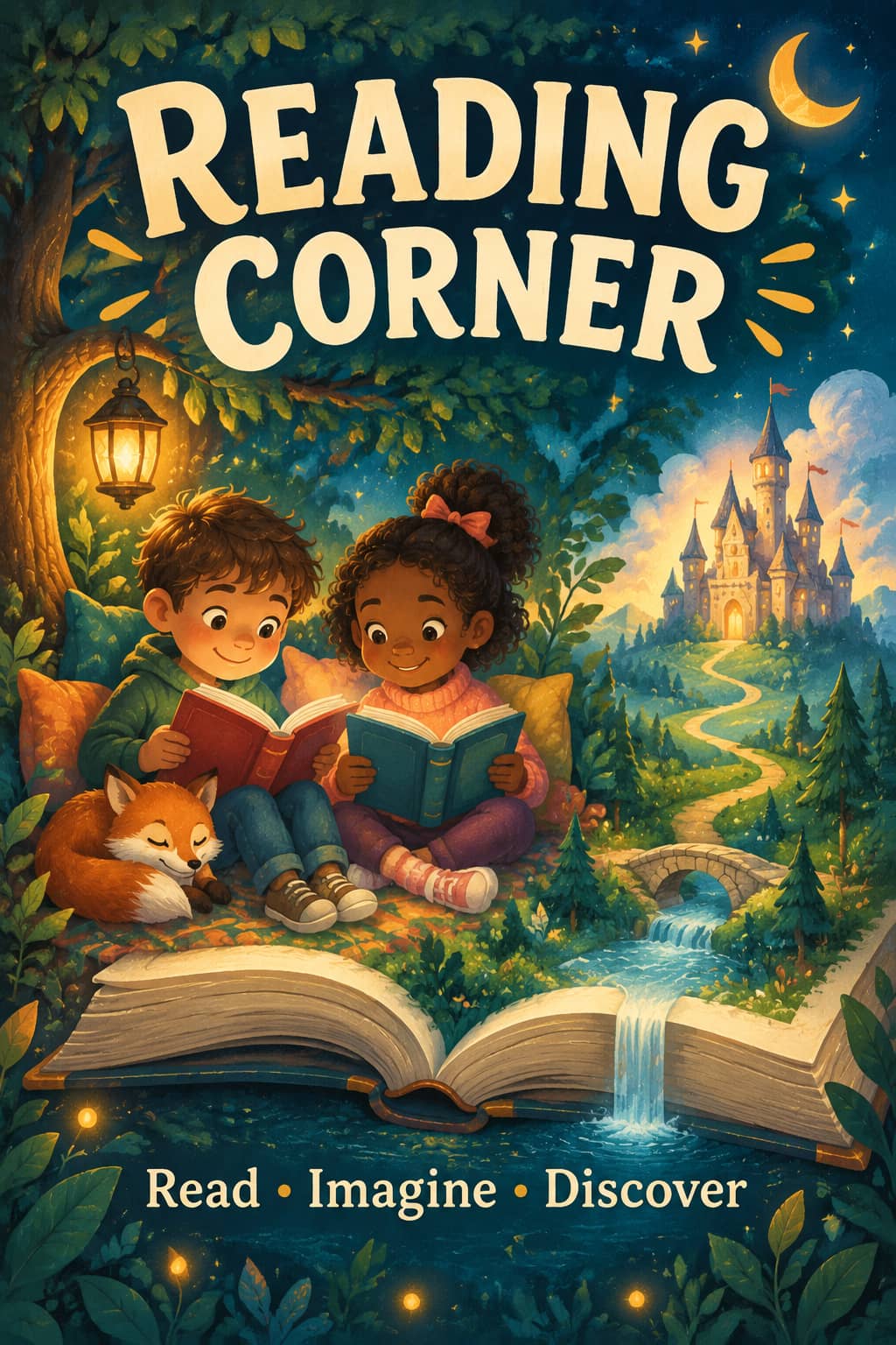 Reading Corner poster with two children reading in a glowing fantasy woodland, a fox, an open book and castle, above Read Imagine Discover.