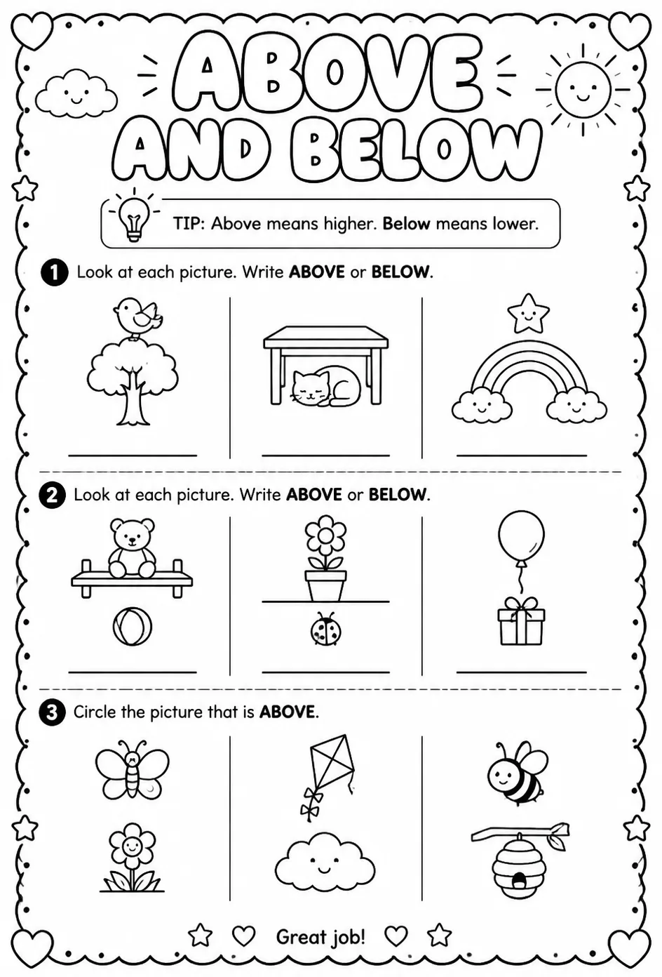 Above and below — free printable Pre-K English & Reading worksheet