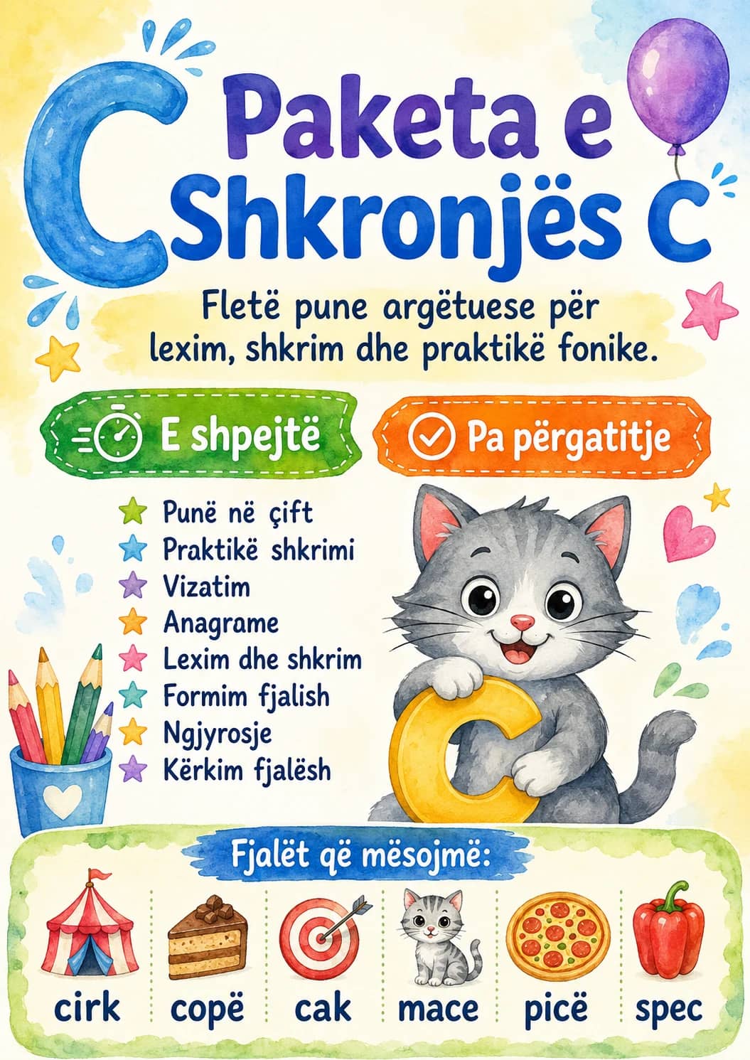 Albanian Letter C Phonics Worksheets Pack printable worksheet pack preview from KiwiBee