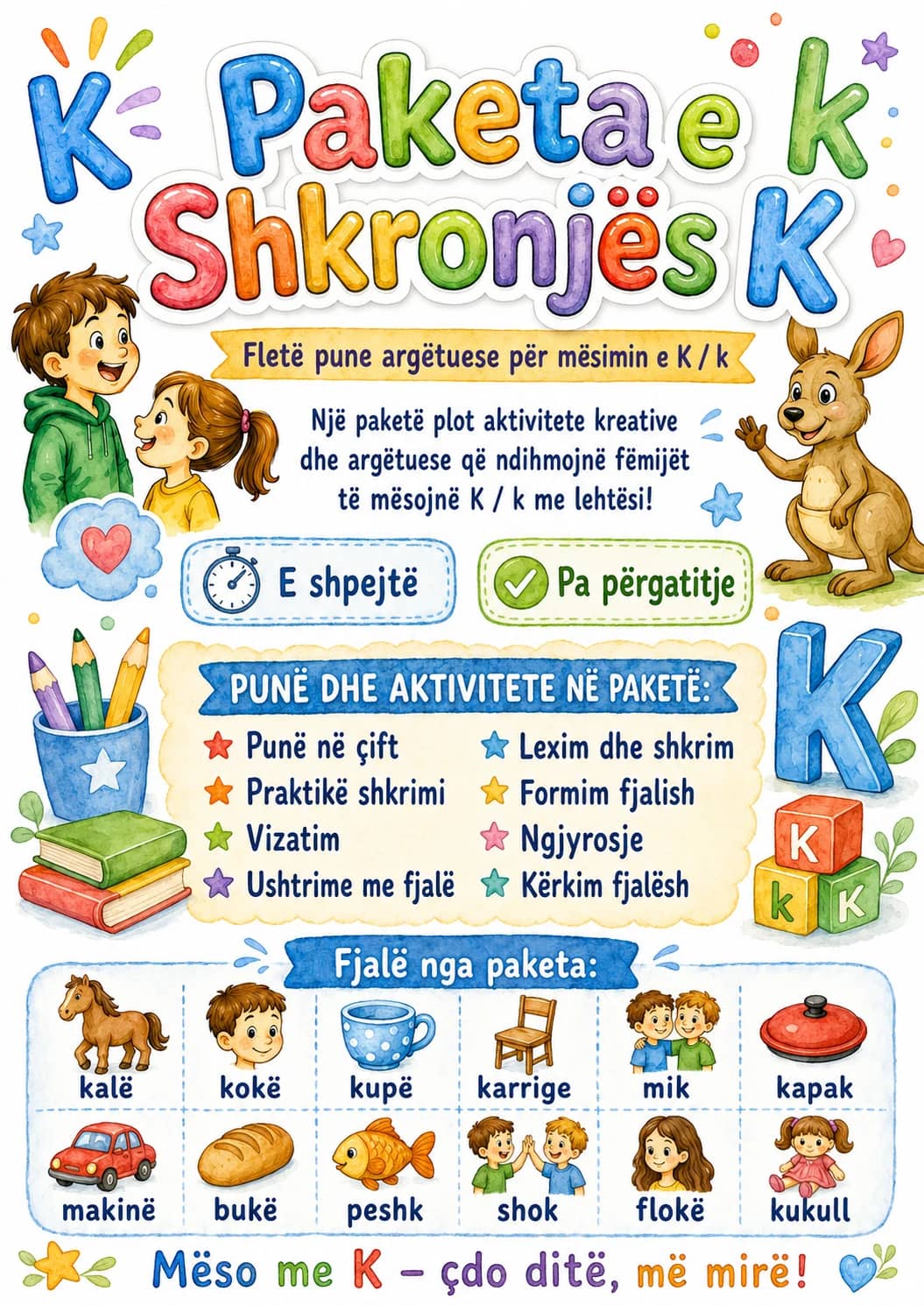 Albanian Letter K Phonics Worksheets Pack printable worksheet pack preview from KiwiBee