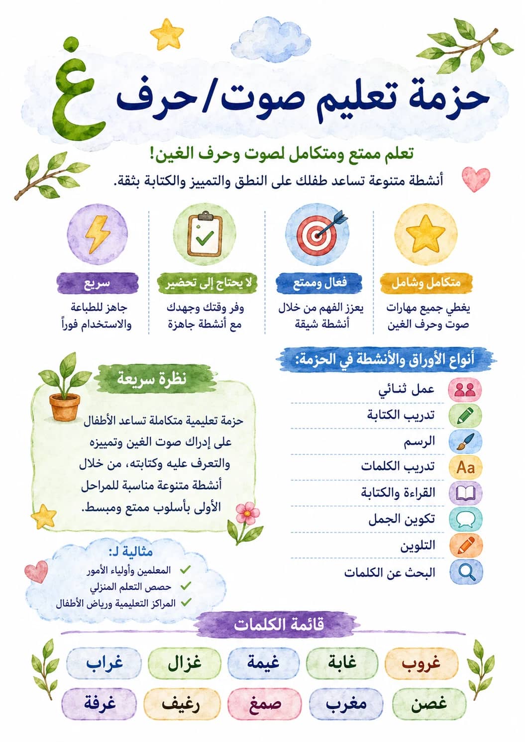 Arabic Letter Ghayn Phonics Worksheets Pack printable worksheet pack preview from KiwiBee