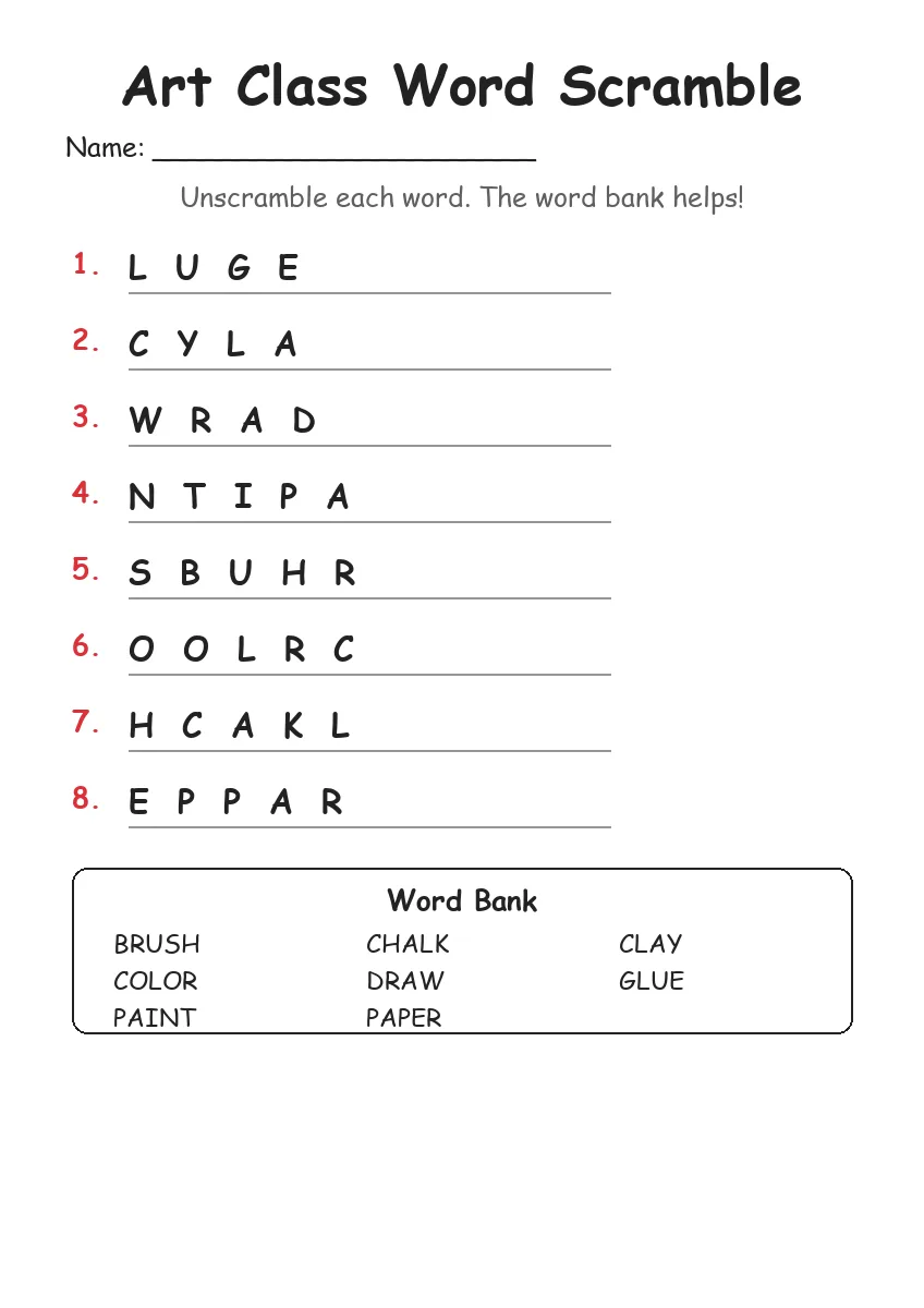 Art Class word scramble worksheet for Grade 1