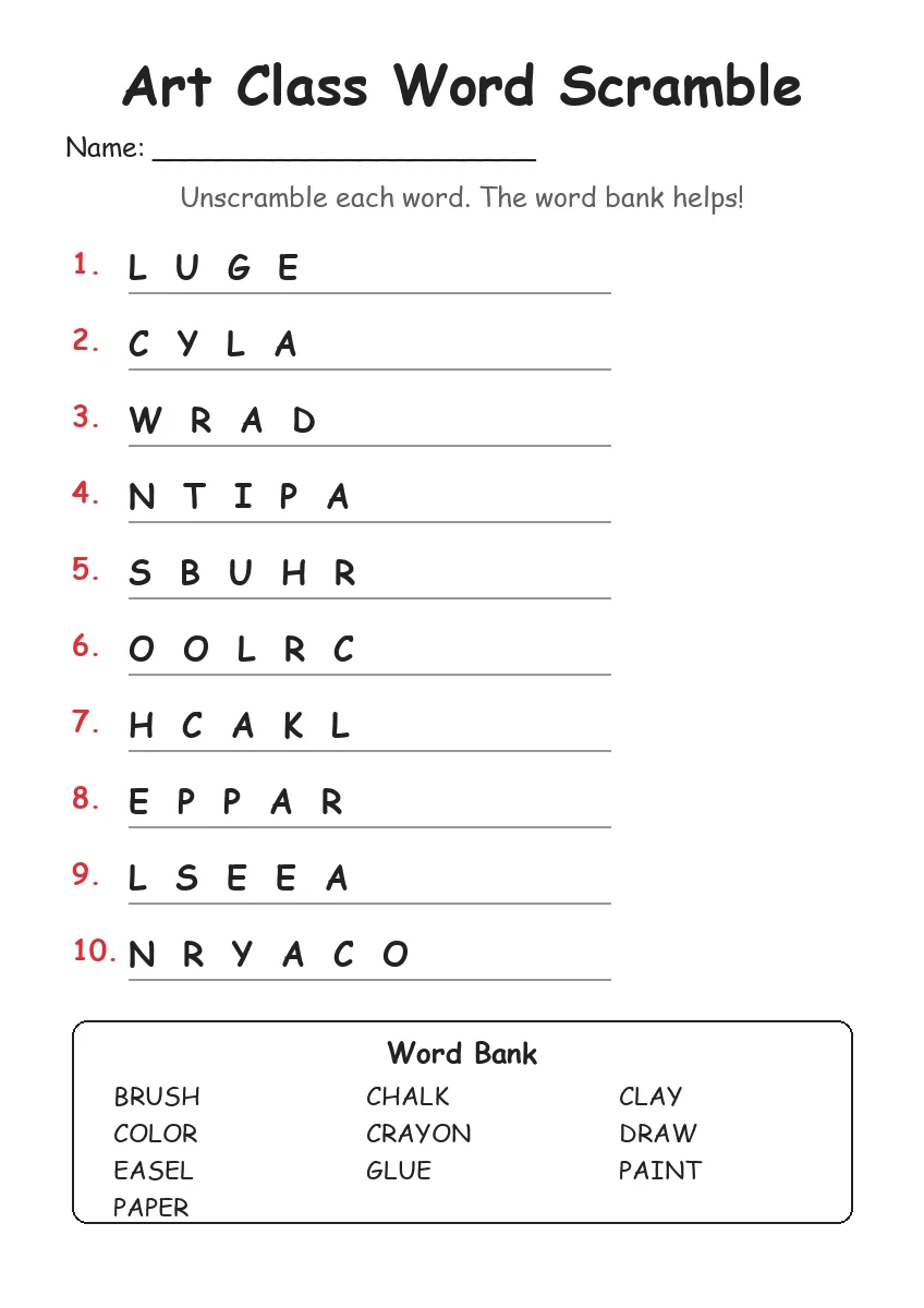 Art Class word scramble worksheet for Grade 2
