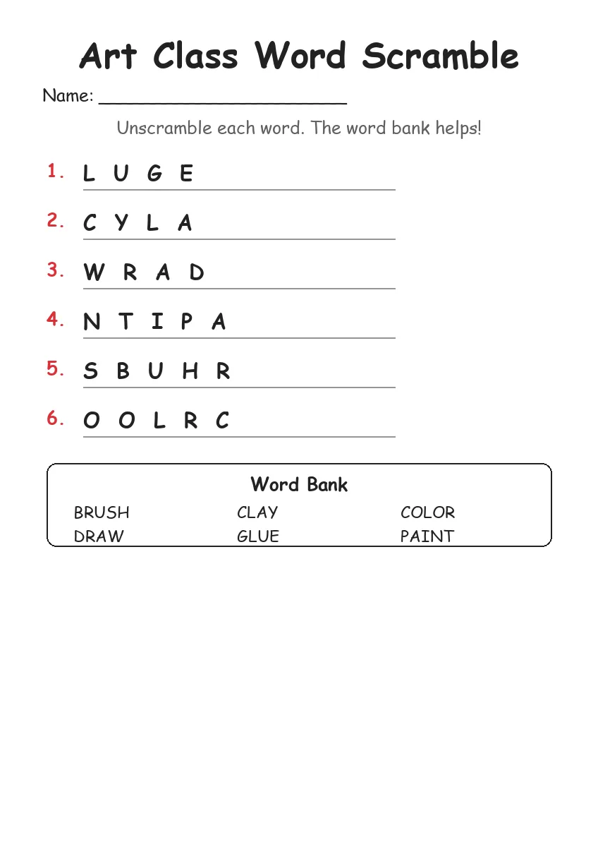 Art Class word scramble worksheet for Kindergarten