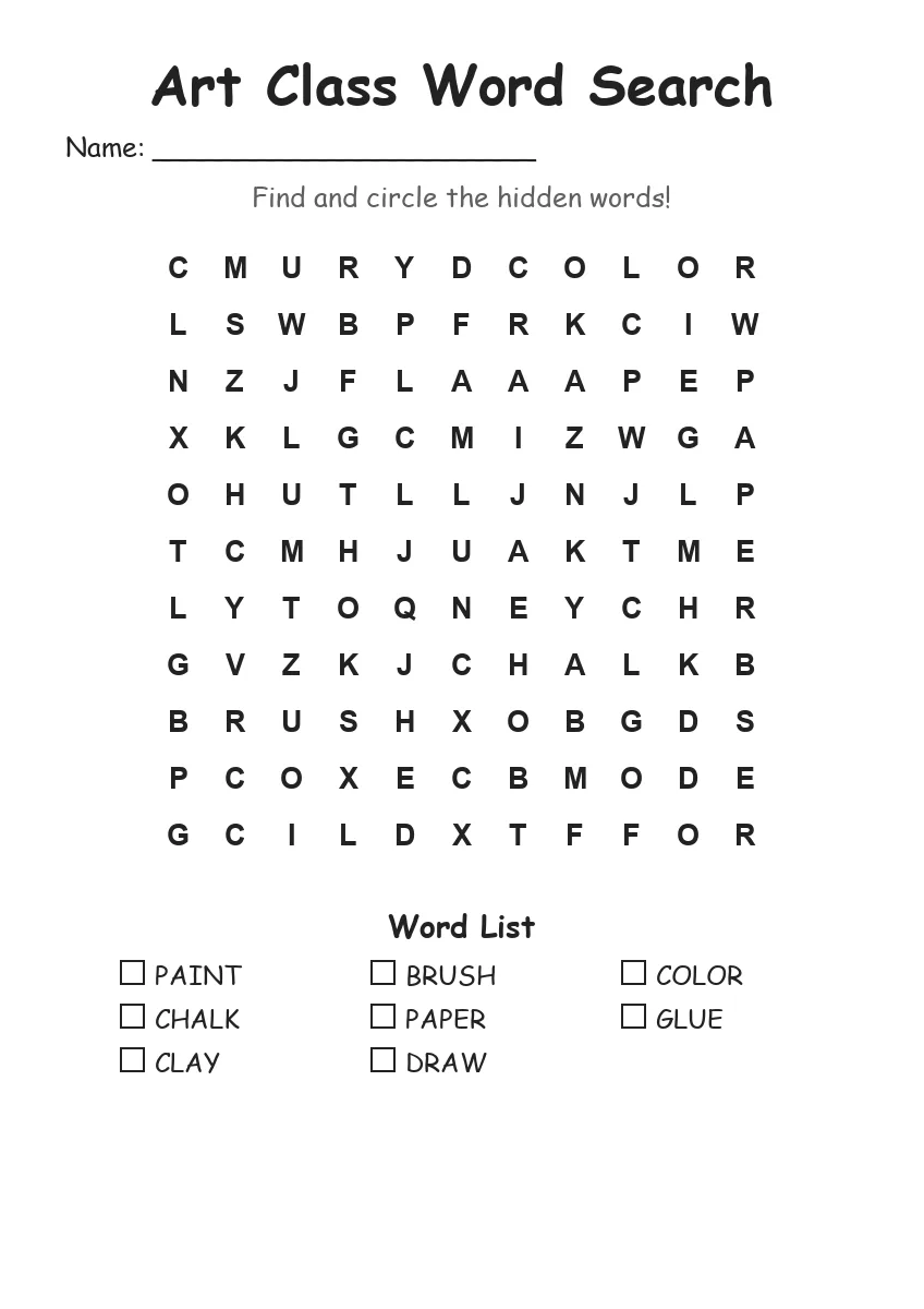 Art Class word search worksheet for Grade 1