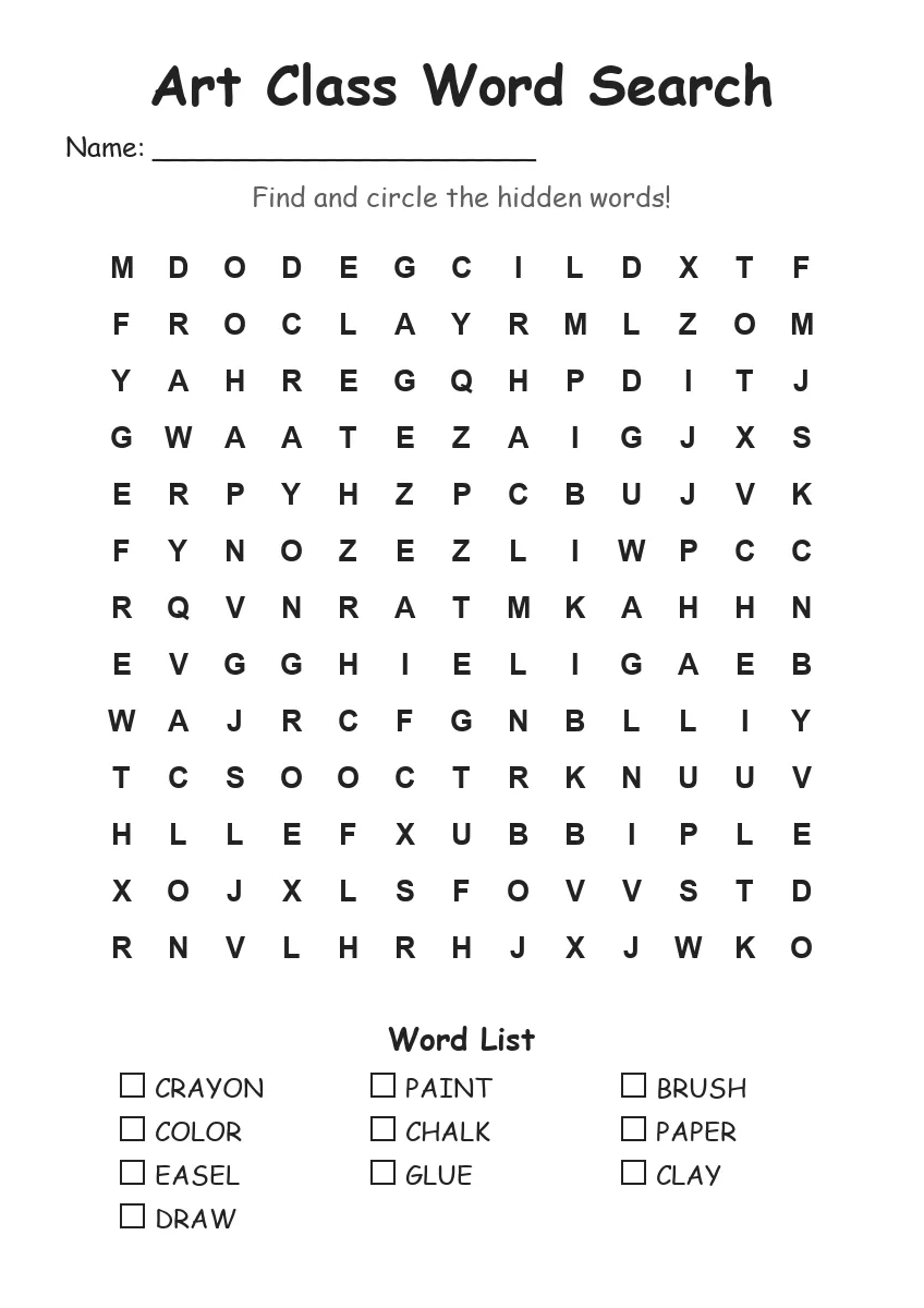 Art Class word search worksheet for Grade 2