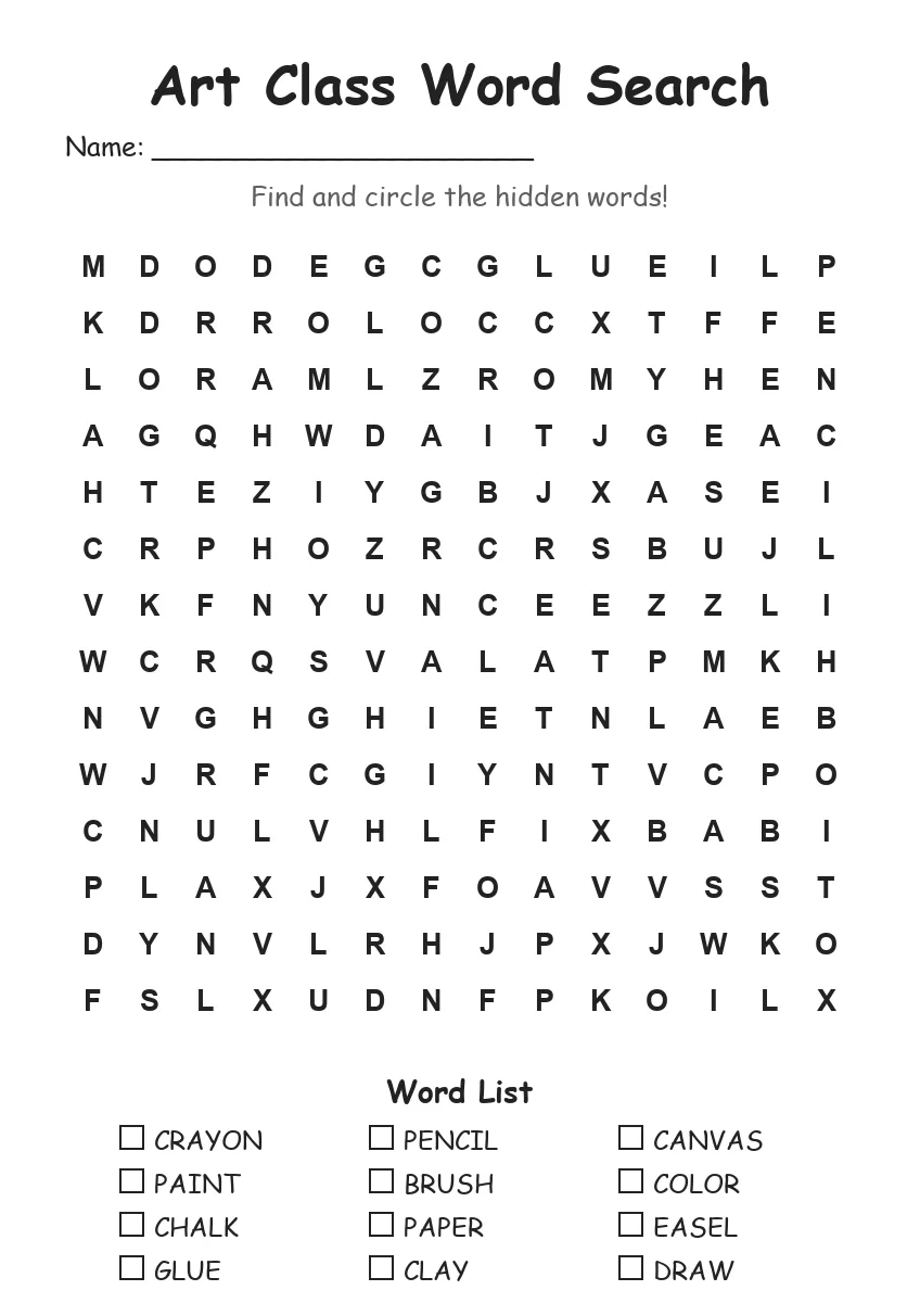 Art Class word search worksheet for Grade 3