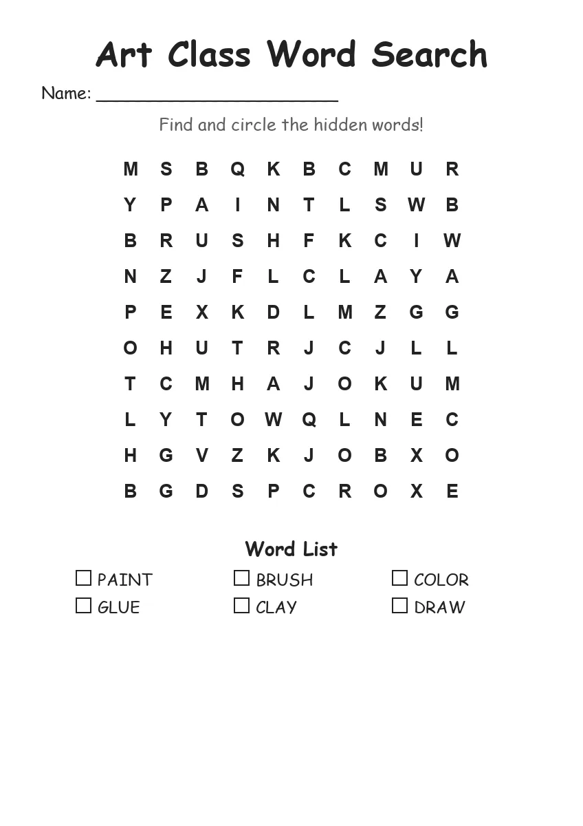 Art Class word search worksheet for Kindergarten