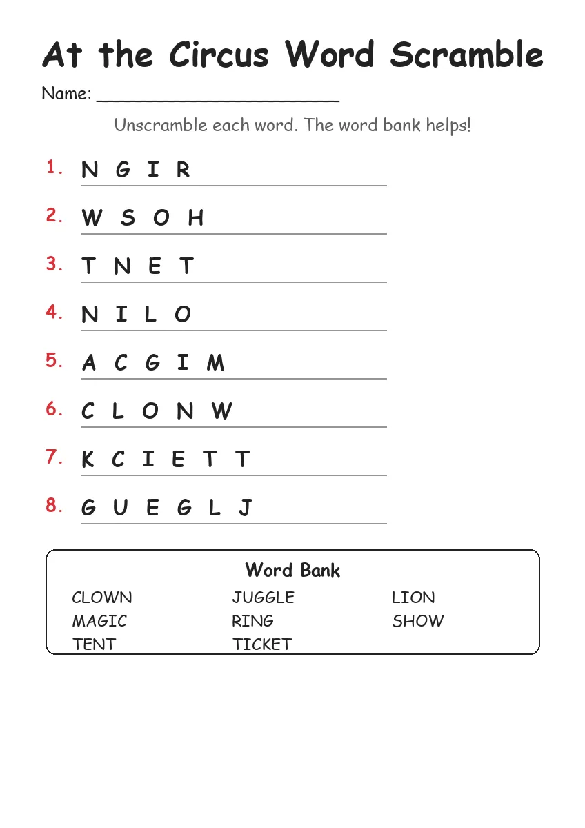 At the Circus word scramble worksheet for Grade 1