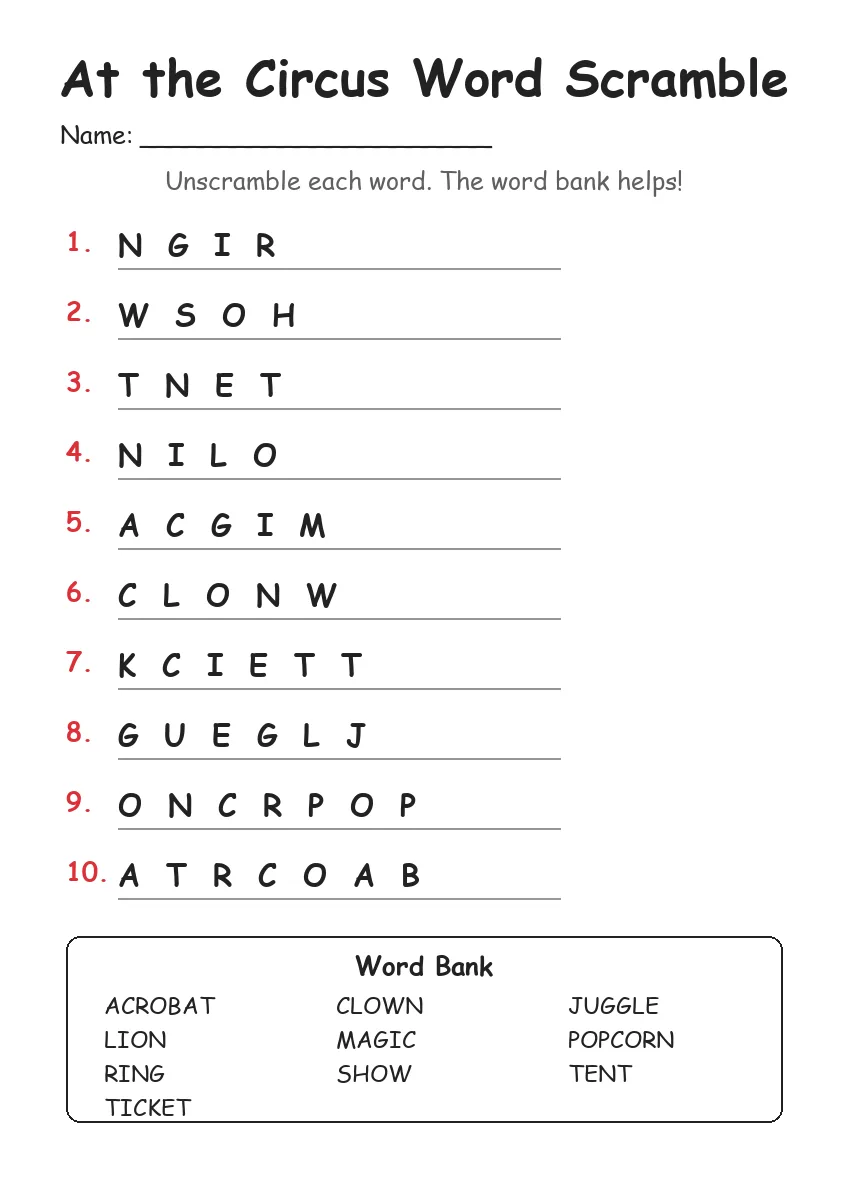 At the Circus word scramble worksheet for Grade 2