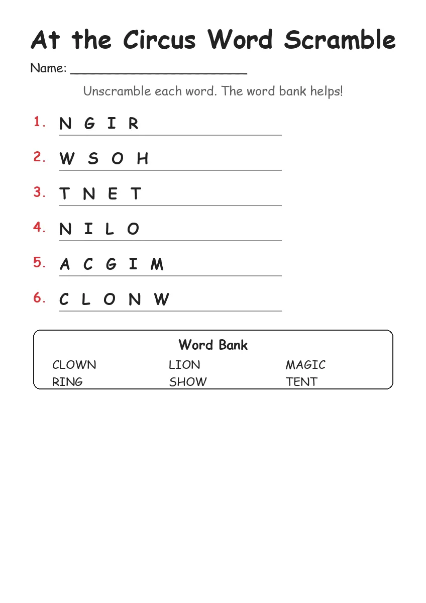 At the Circus word scramble worksheet for Kindergarten