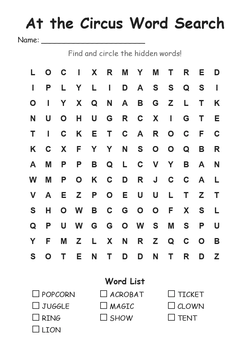 At the Circus word search worksheet for Grade 2