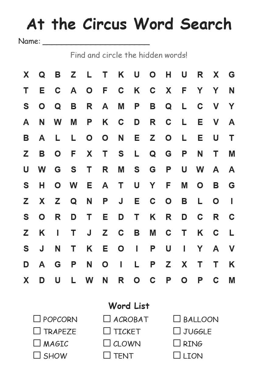 At the Circus word search worksheet for Grade 3