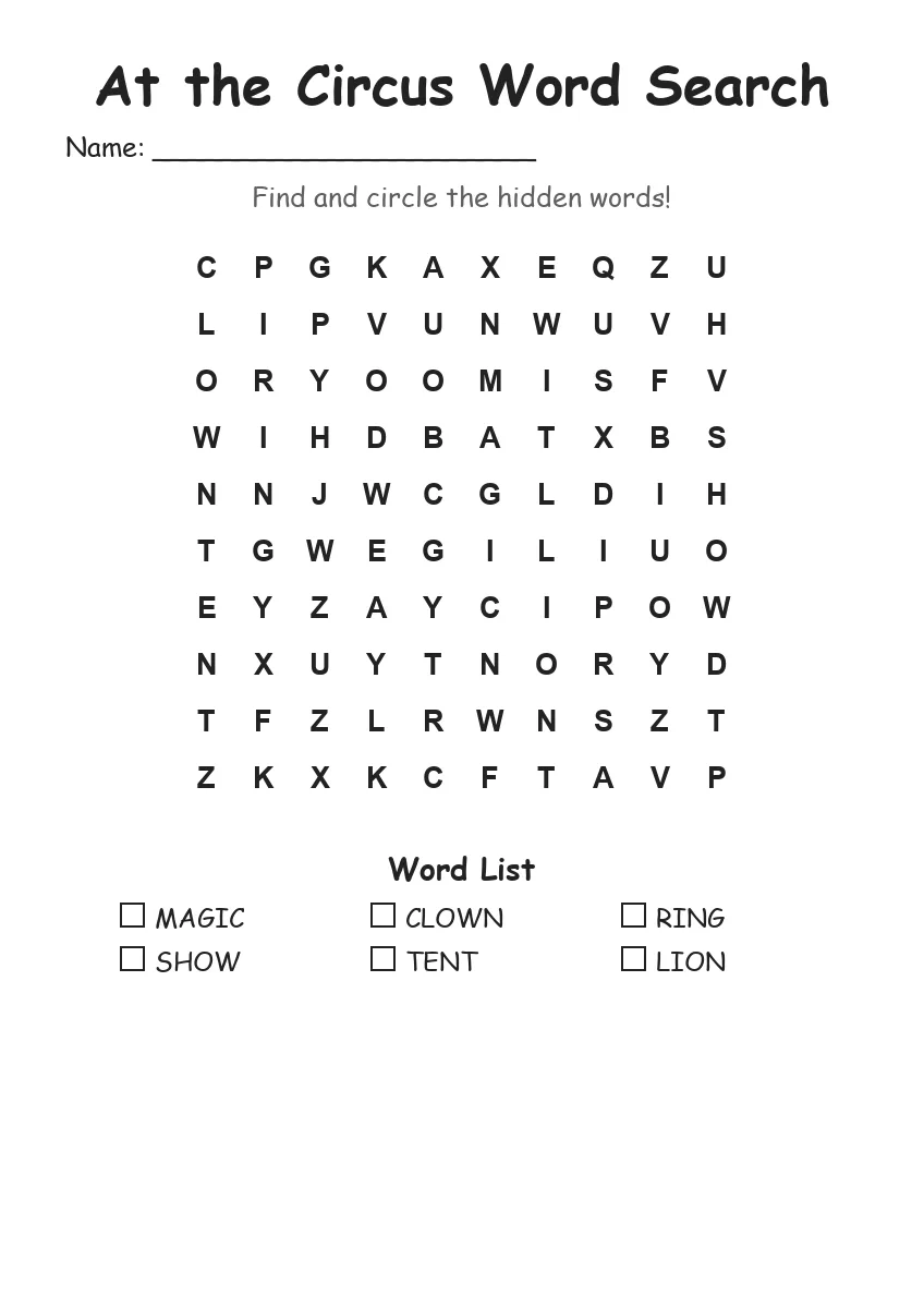 At the Circus word search worksheet for Kindergarten
