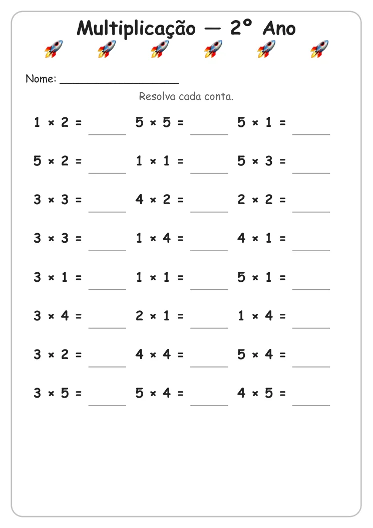 Atividades de Multiplicação para Imprimir — 2º Ano