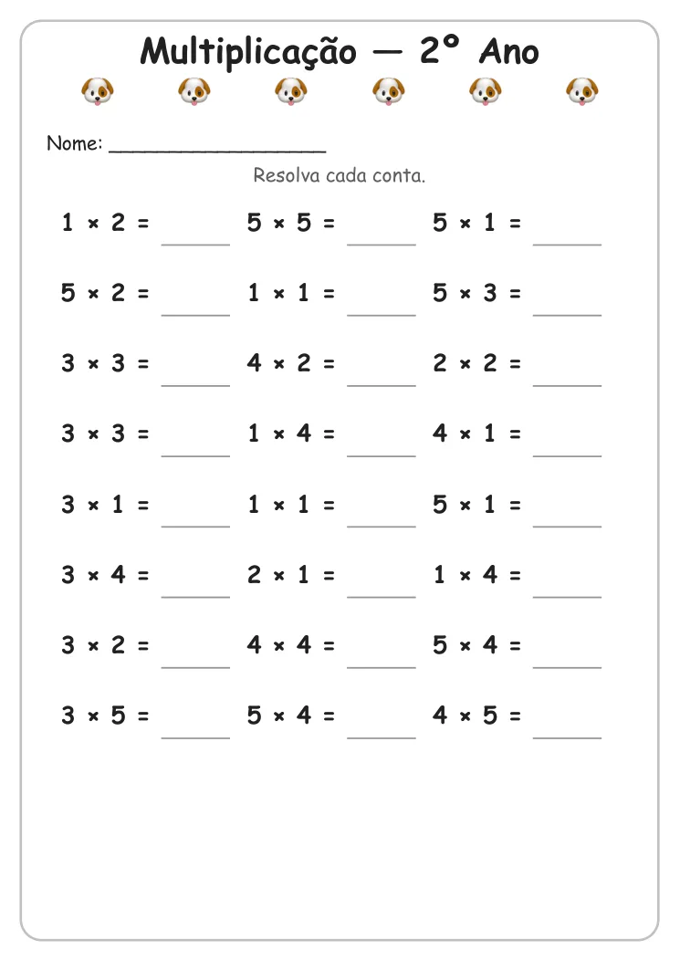 Atividades de Multiplicação para Imprimir — 2º Ano