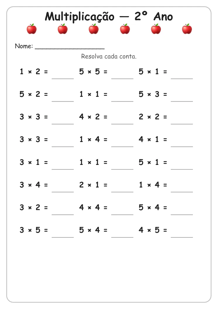 Atividades de Multiplicação para Imprimir — 2º Ano