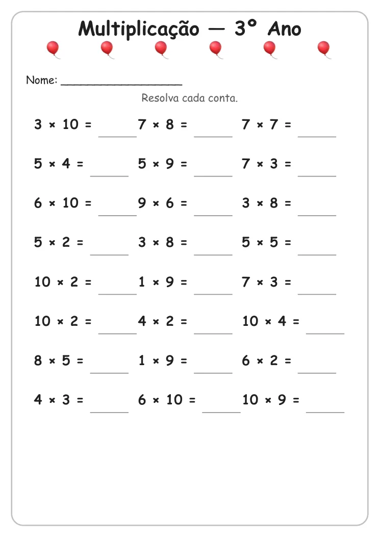 Atividades de Multiplicação para Imprimir — 3º Ano