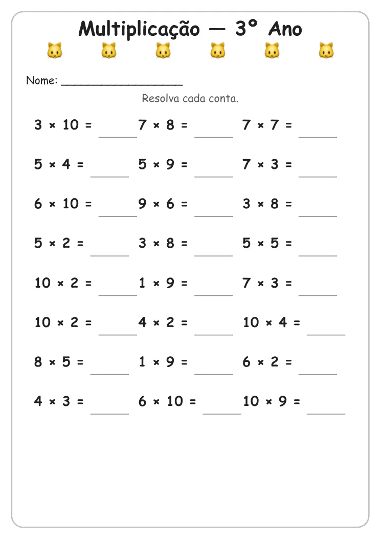 Atividades de Multiplicação para Imprimir — 3º Ano