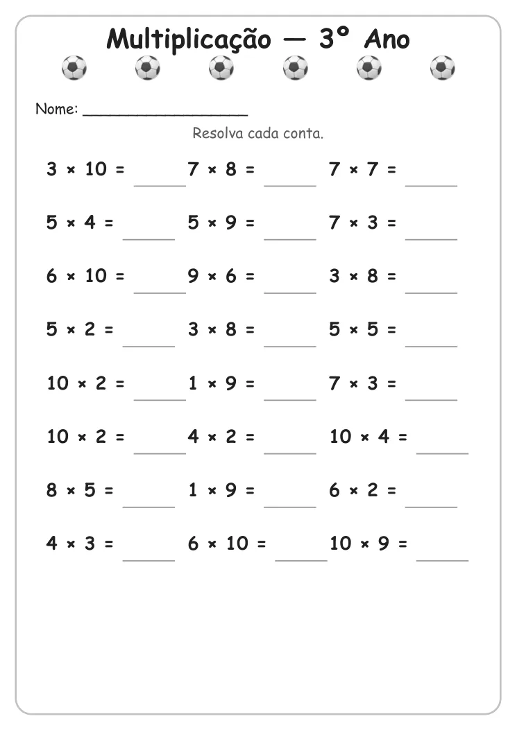 Atividades de Multiplicação para Imprimir — 3º Ano