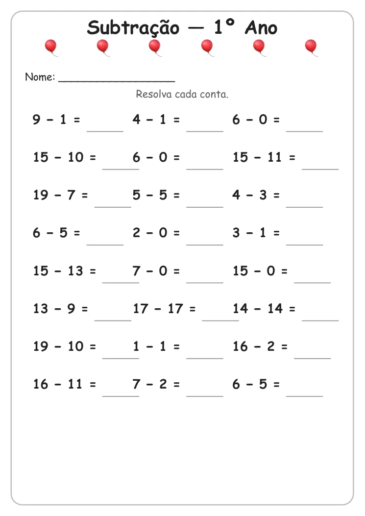 Atividades de Subtração para Imprimir — 1º Ano
