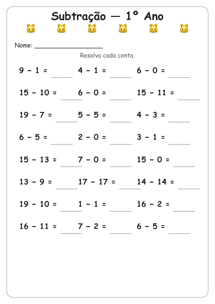 Atividades de Subtração para Imprimir — 1º Ano