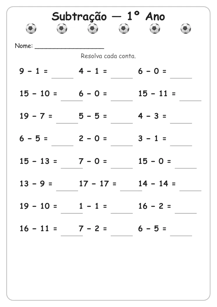 Atividades de Subtração para Imprimir — 1º Ano