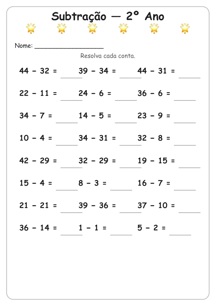 Atividades de Subtração para Imprimir — 2º Ano