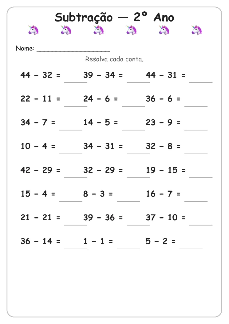 Atividades de Subtração para Imprimir — 2º Ano