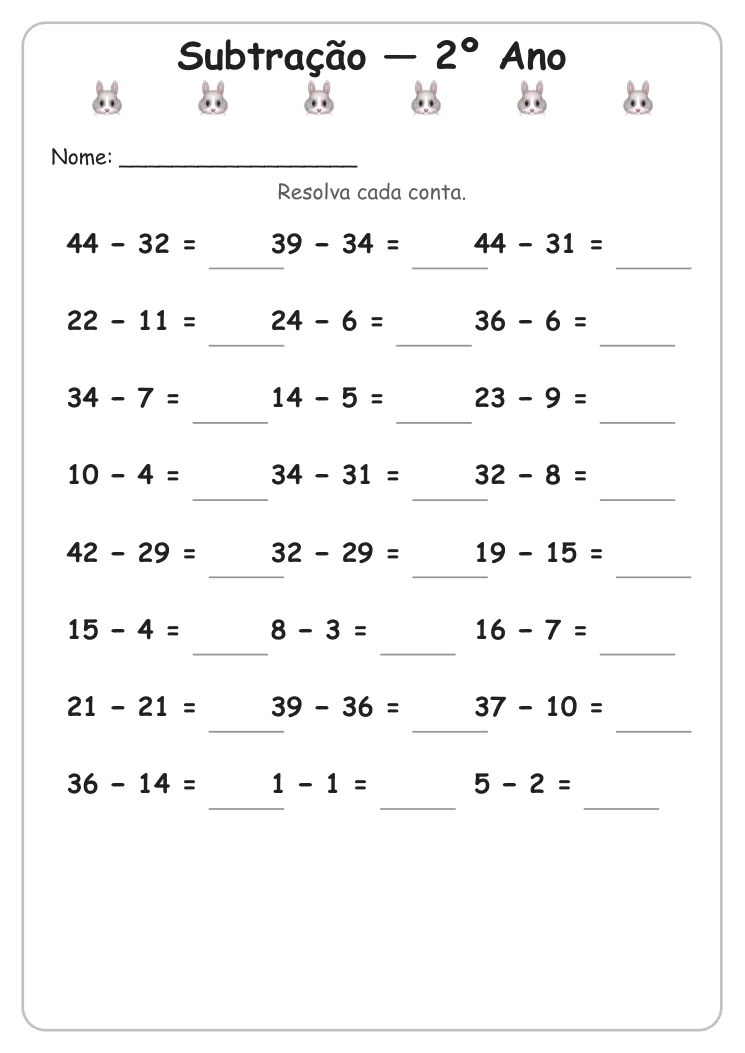 Atividades de Subtração para Imprimir — 2º Ano