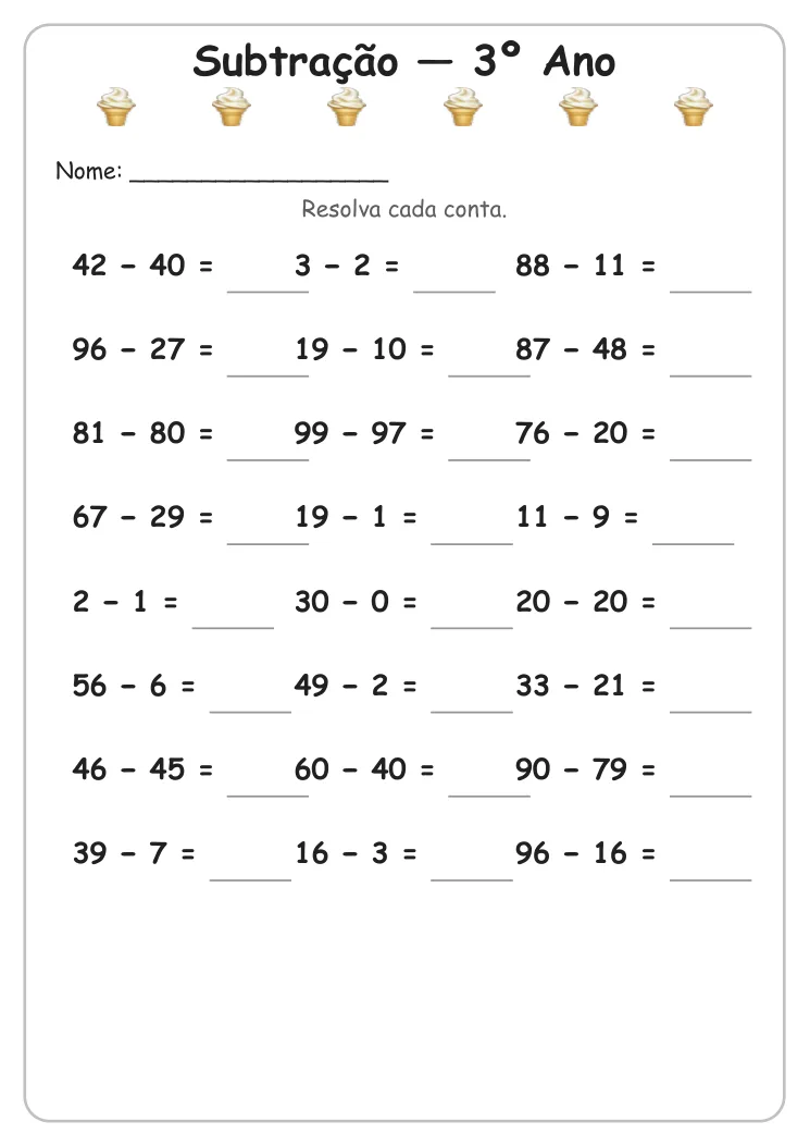 Atividades de Subtração para Imprimir — 3º Ano