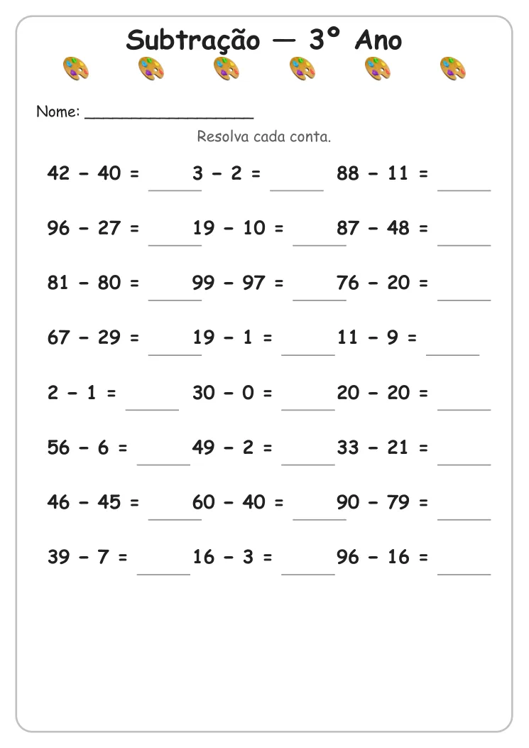 Atividades de Subtração para Imprimir — 3º Ano