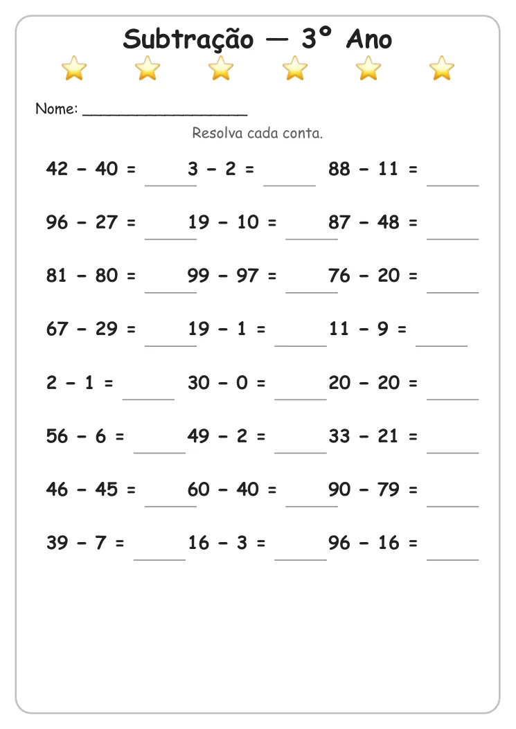 Atividades de Subtração para Imprimir — 3º Ano