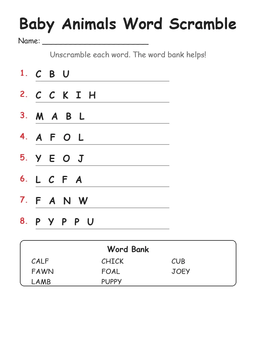 Baby Animals word scramble worksheet for Grade 1