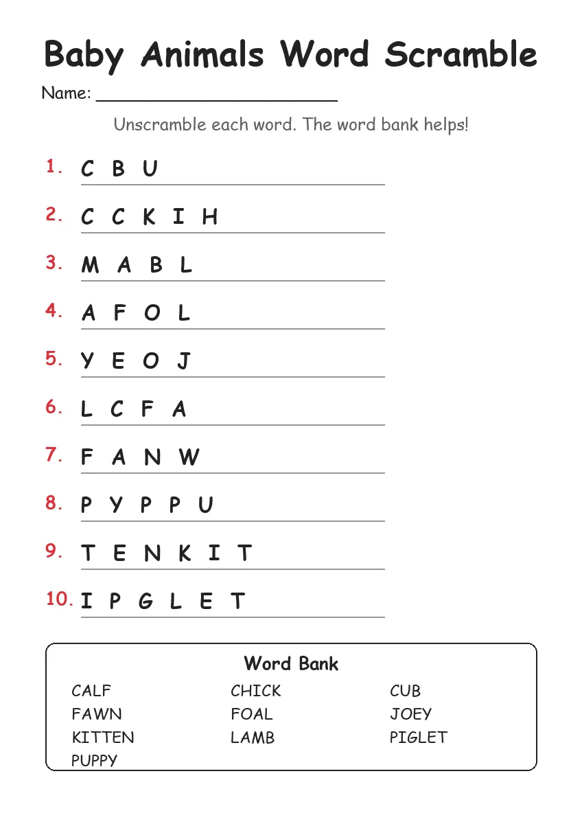 Baby Animals word scramble worksheet for Grade 3