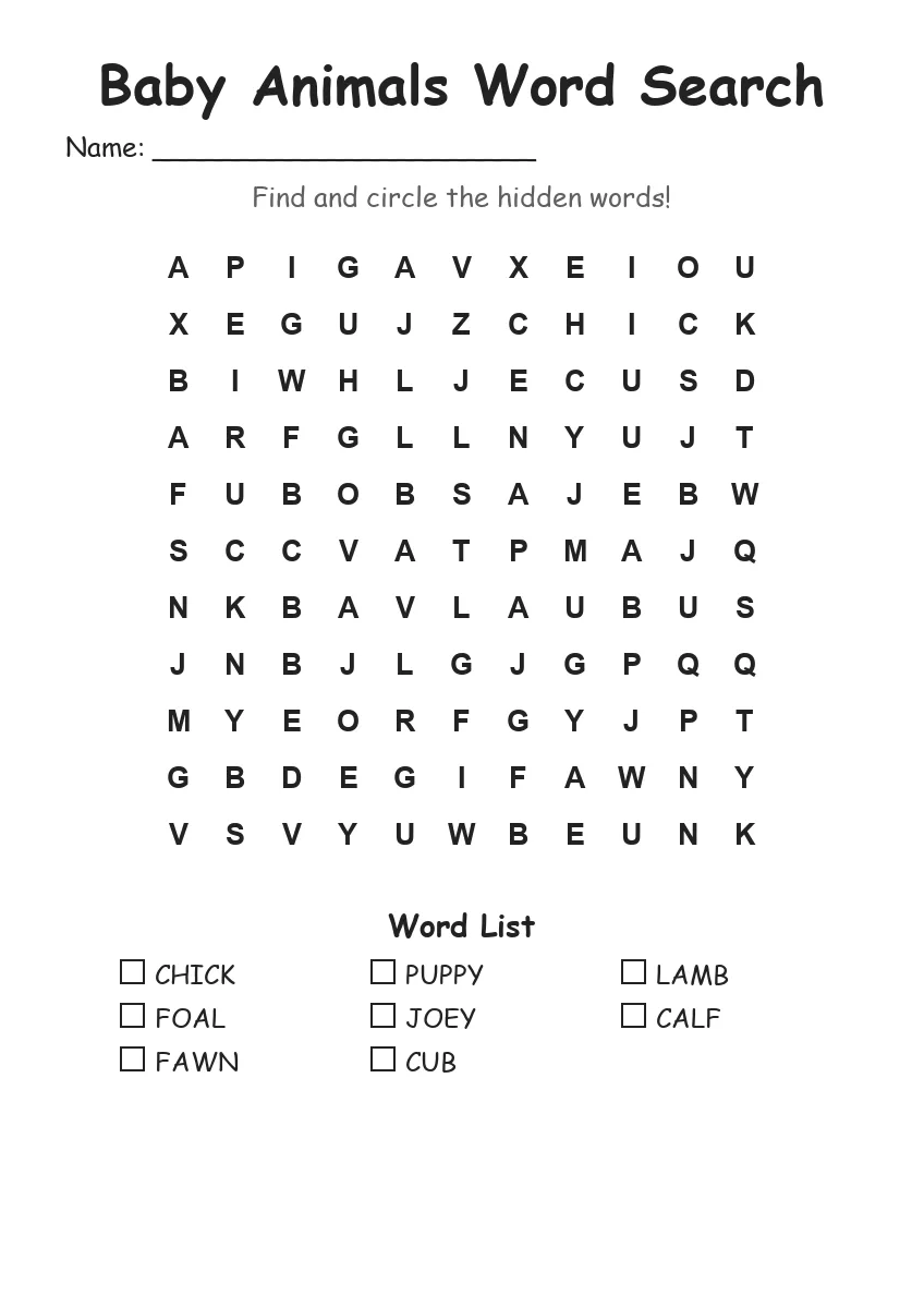 Baby Animals word search worksheet for Grade 1