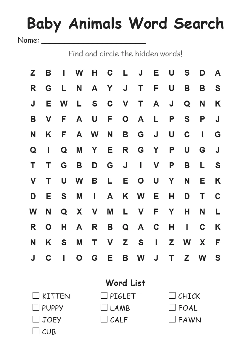 Baby Animals word search worksheet for Grade 2