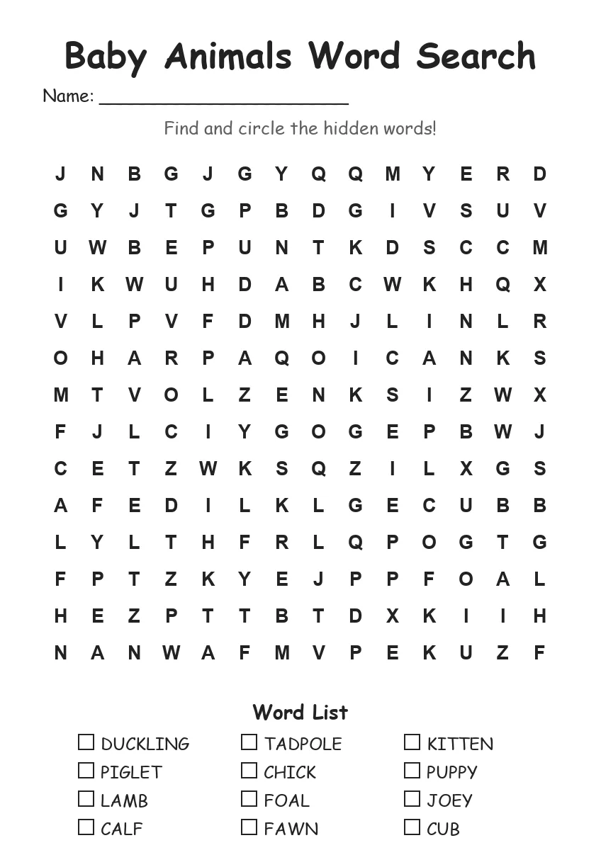 Baby Animals word search worksheet for Grade 3