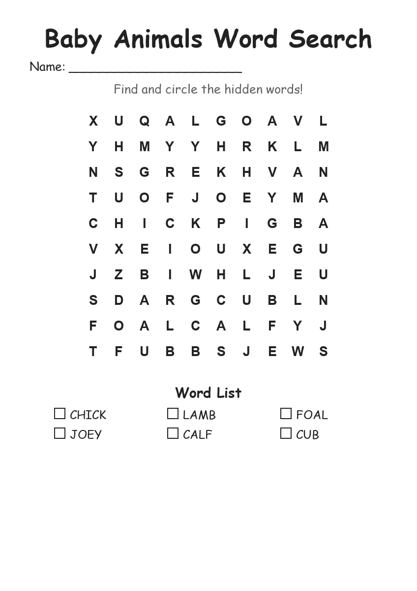 Baby Animals word search worksheet for Kindergarten