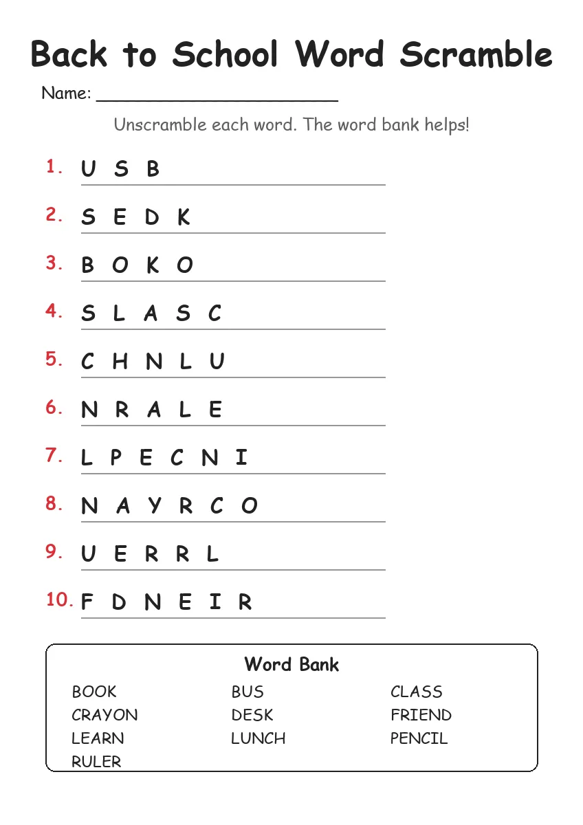 Back to School word scramble worksheet for Grade 3