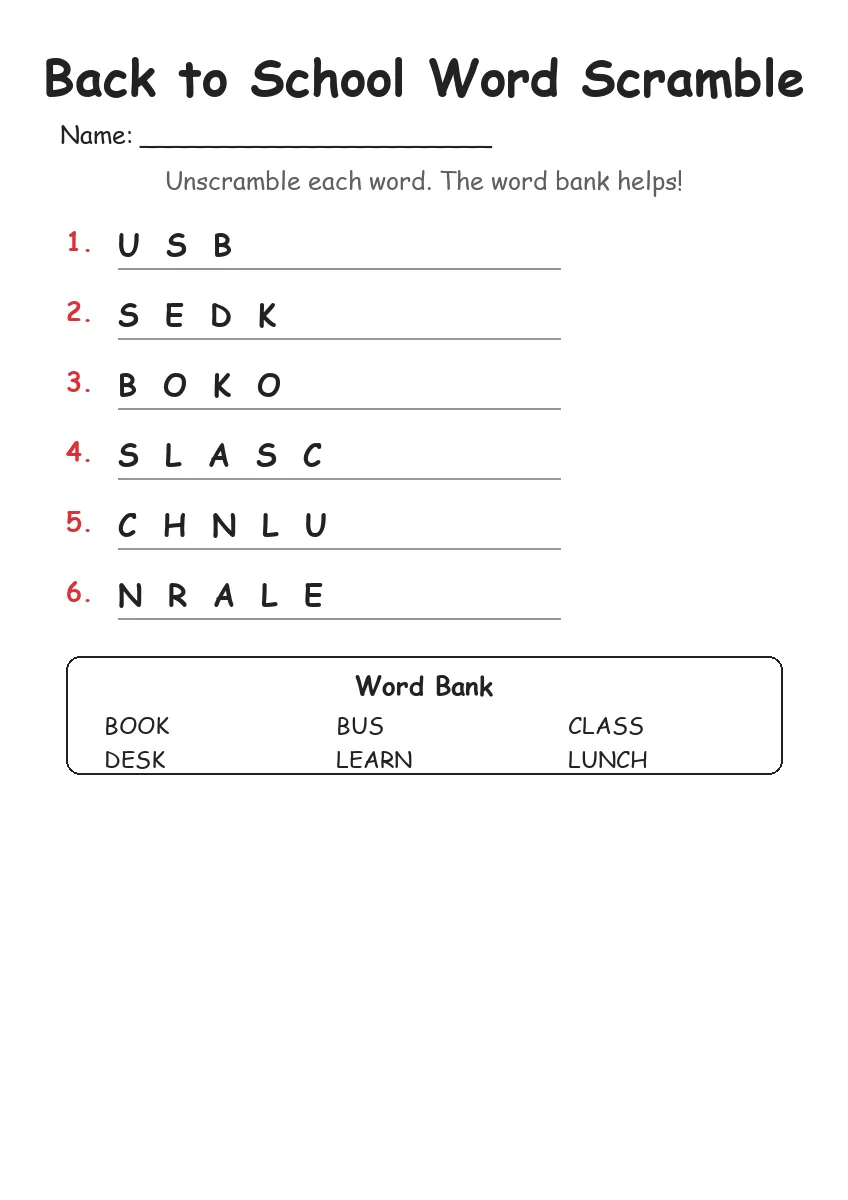 Back to School word scramble worksheet for Kindergarten